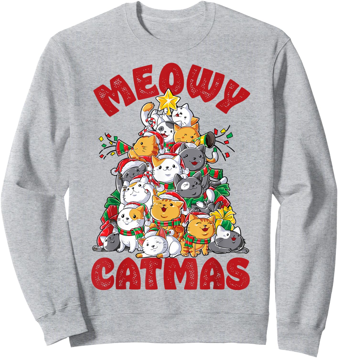 Meowy Catmas Cat Christmas Tree Xmas Girls Boys Funny Santa Sweatshirt - Sweatshirt | Ash