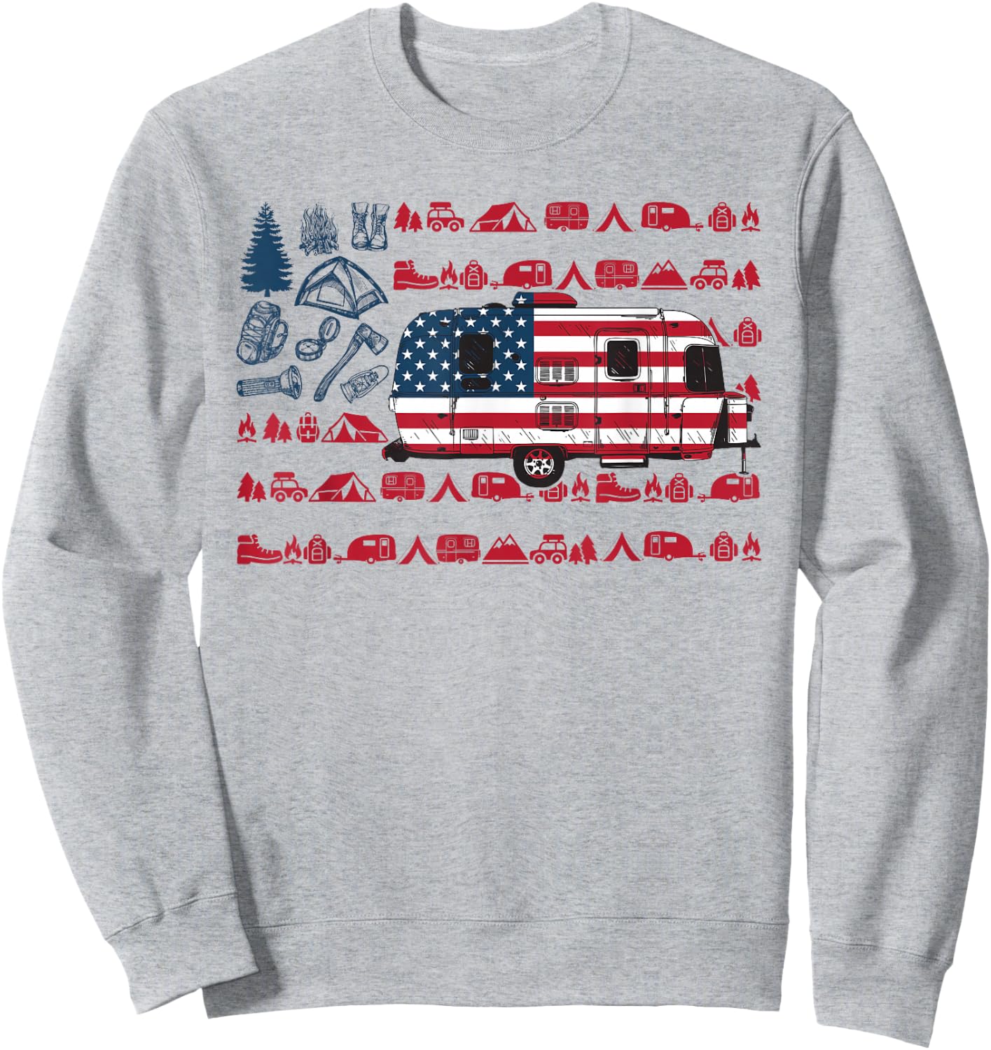 Tent Camper Van American Flag Camping 4th Of July Shirt Gift Sweatshirt - Sweatshirt | Ash