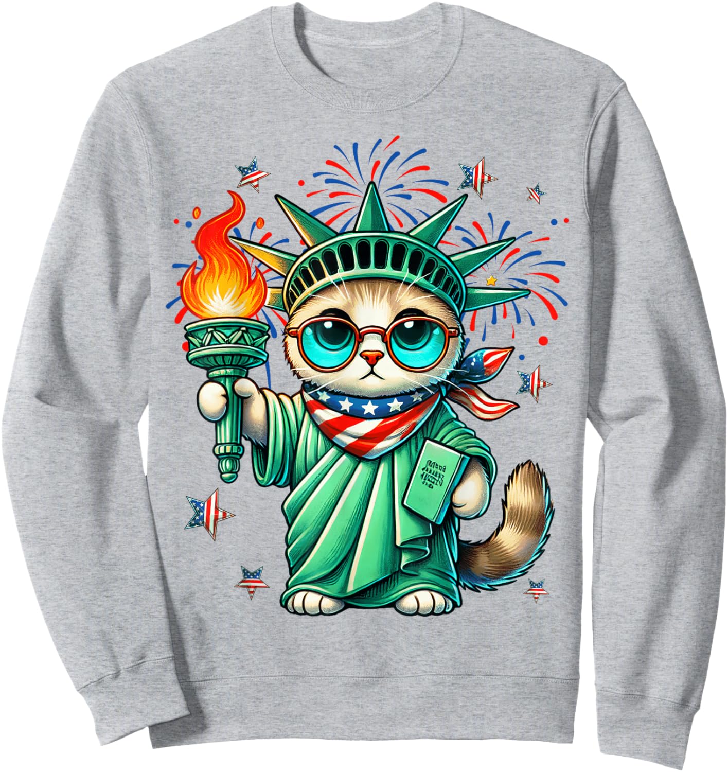 Funny Statue Of Liberty Cat USA Flag Independence Day July 4 Sweatshirt - Sweatshirt | Ash