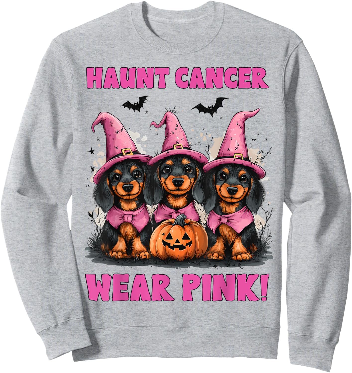 In October We Wear Pink Dachshund Halloween Breast Cancer Sweatshirt - Sweatshirt | Ash