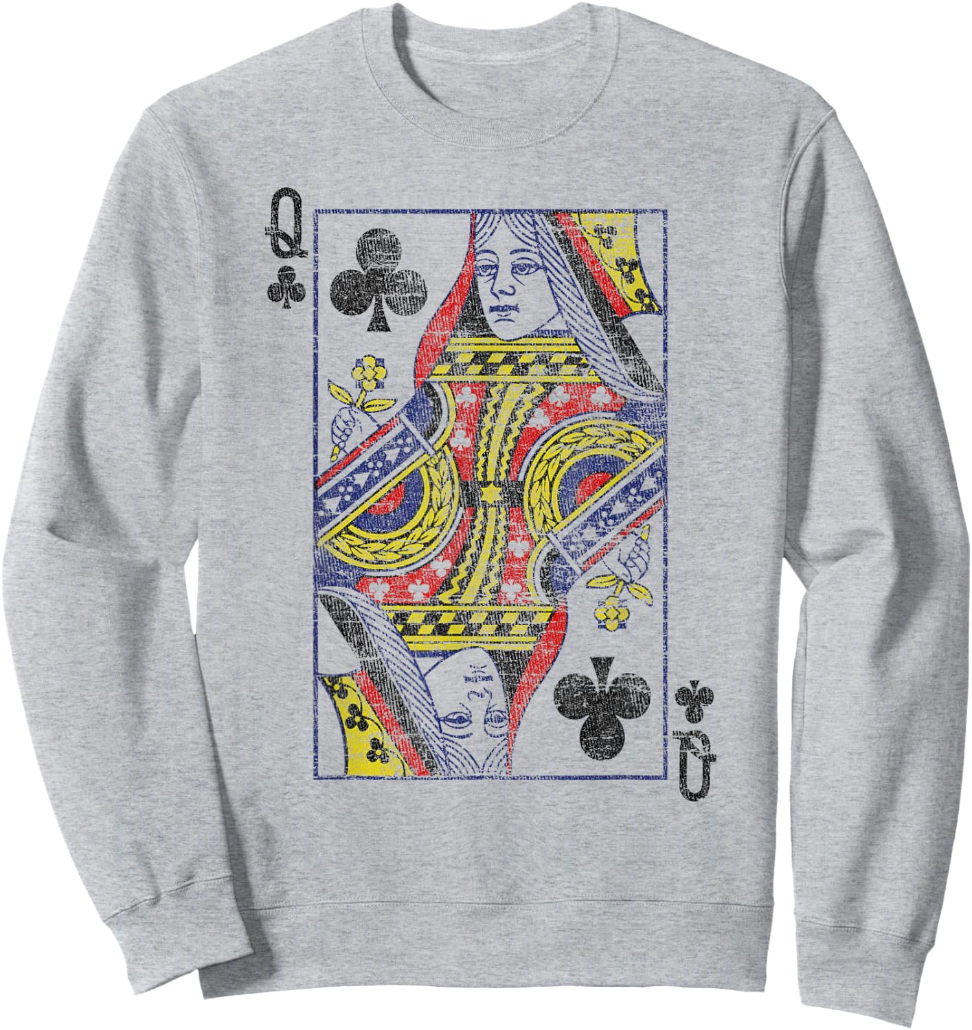 Queen of Clubs Playing Card Costume Poker Distressed Sweatshirt - Sweatshirt | Ash