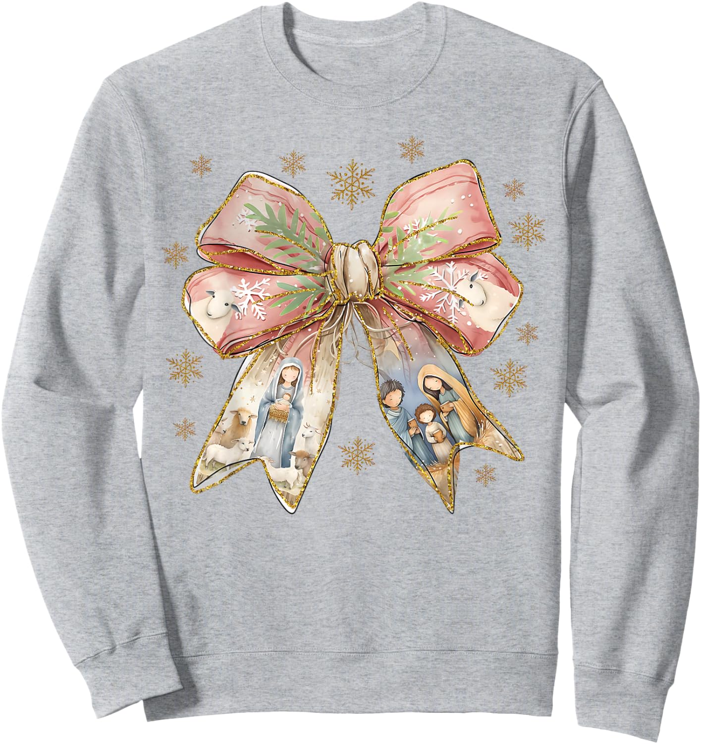 Jesus Christmas Coquette Bow Nativity Bible Verse Christian Sweatshirt - Sweatshirt | Ash
