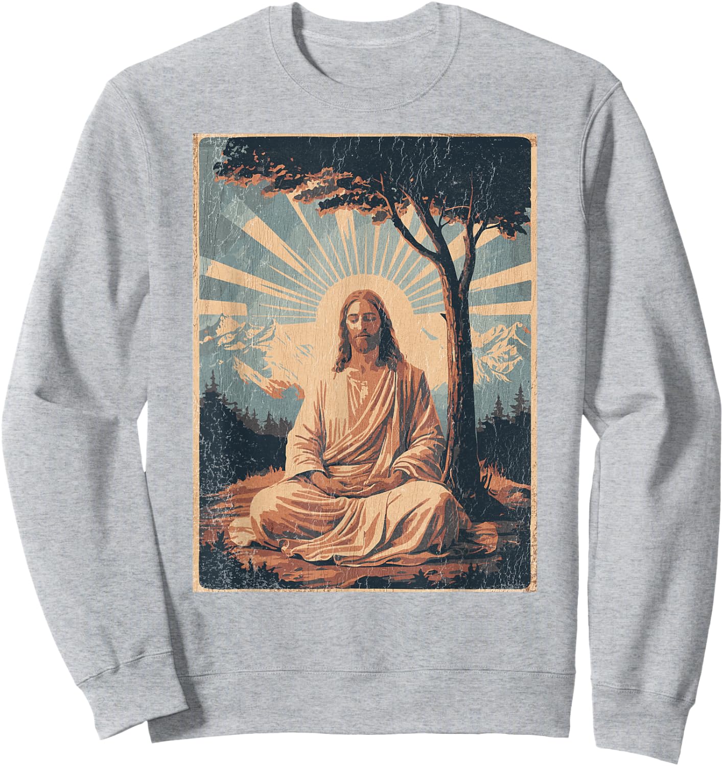 Jesus Meditating Under Tree, Mountains - Retro Faded Print Sweatshirt - Sweatshirt | Ash