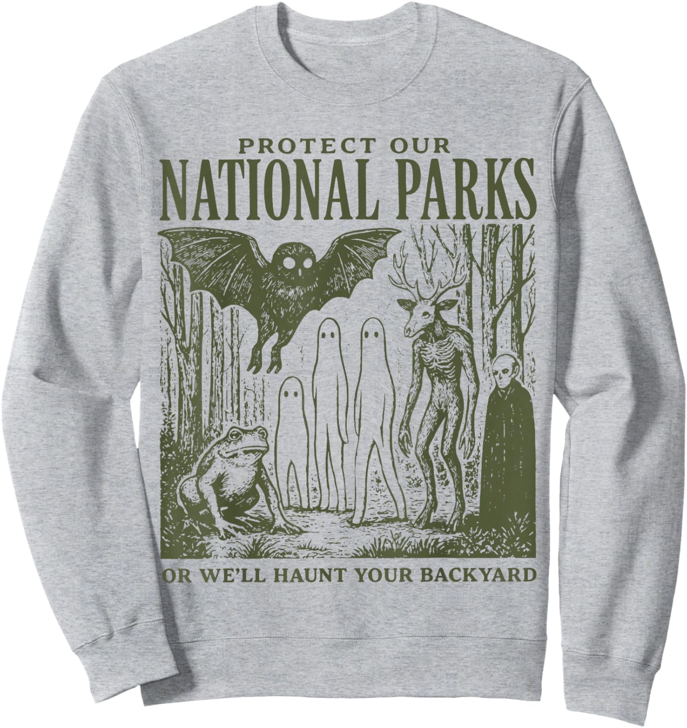 Retro Folk Horror National Park Spooky Ghost Graphic Sweatshirt - Sweatshirt | Ash