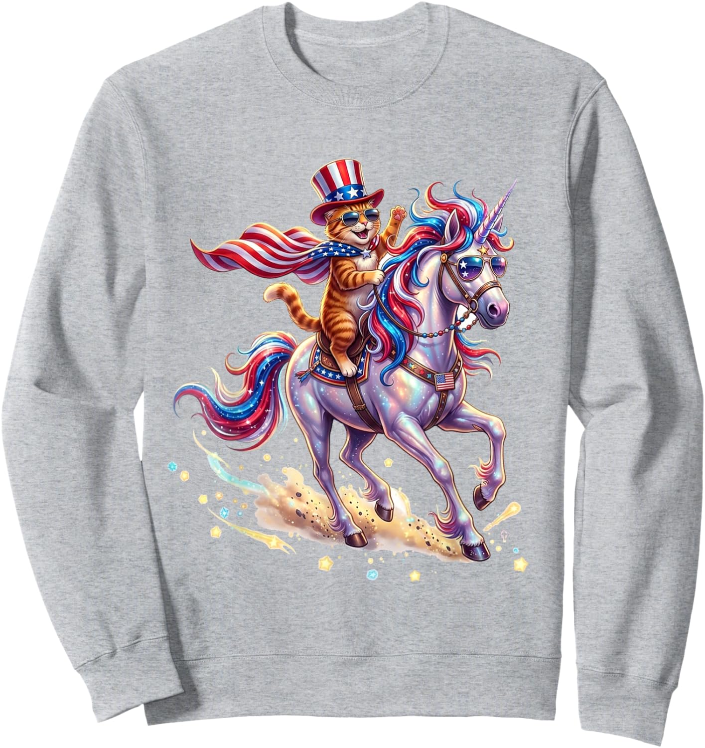 Cat Riding Unicorn USA Flag Patriotic 4th of July Sweatshirt - Sweatshirt | Ash