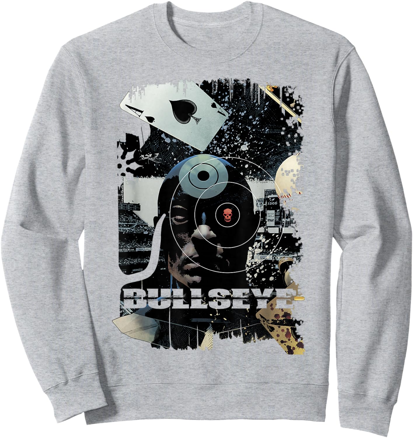 Marvel Bullseye Grunge Ace of Spades Mugshot Graphic Sweatshirt - Sweatshirt | Ash