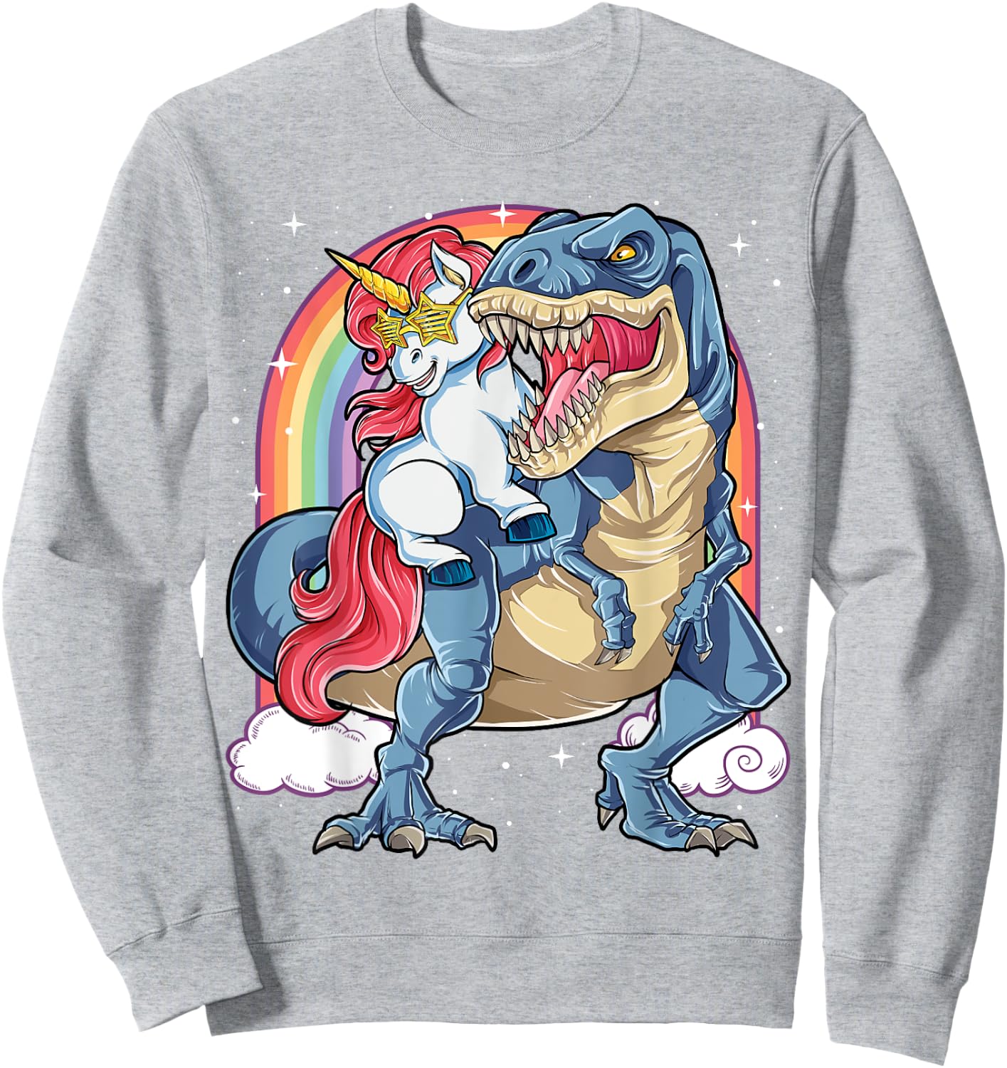 Unicorn Riding Dinosaur T rex Shirt Boys Girls Kids Rainbow Sweatshirt - Sweatshirt | Ash
