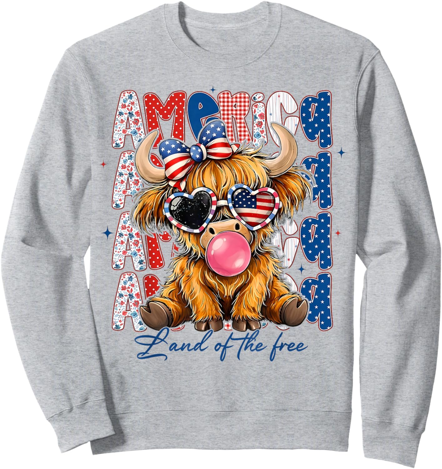 Highland Cow 4th July American Flag Coquette Bow Floral Sweatshirt - Sweatshirt | Ash
