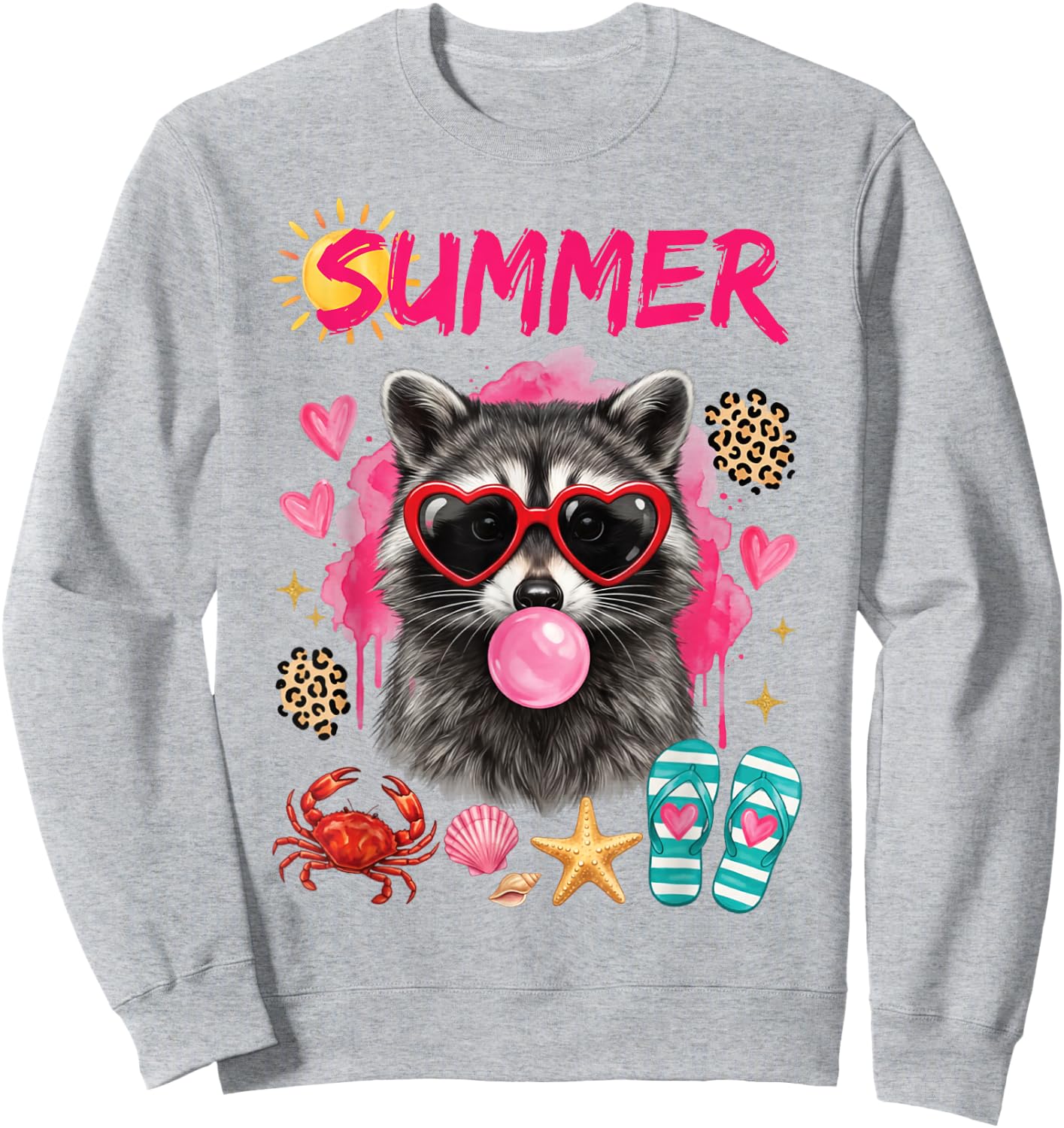 Summer Raccoon Beach Vacation Cute Retro Animal Graphic Sweatshirt - Sweatshirt | Ash
