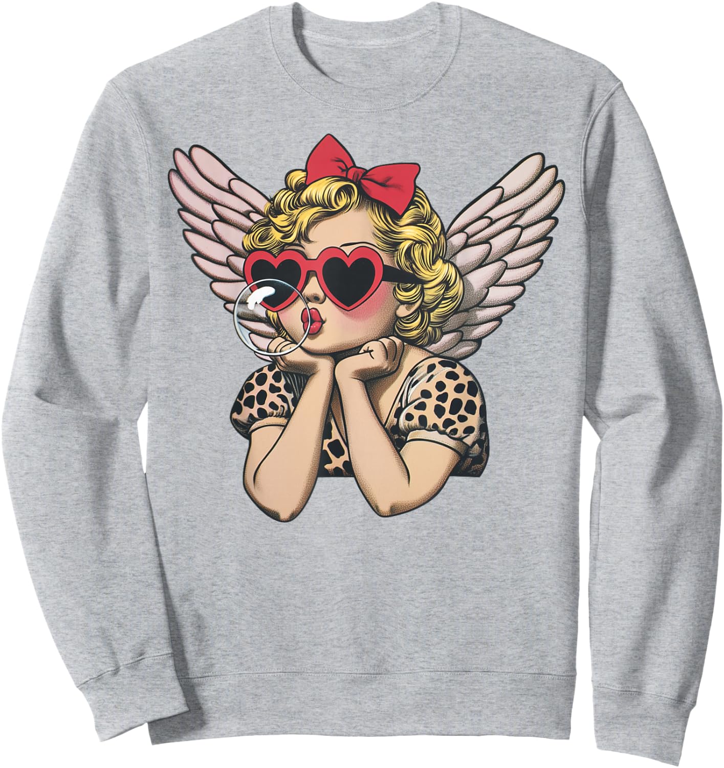 Cupid Blowing Bubble Heart Sunglasses Leopard Valentines Day Sweatshirt - Sweatshirt | Ash