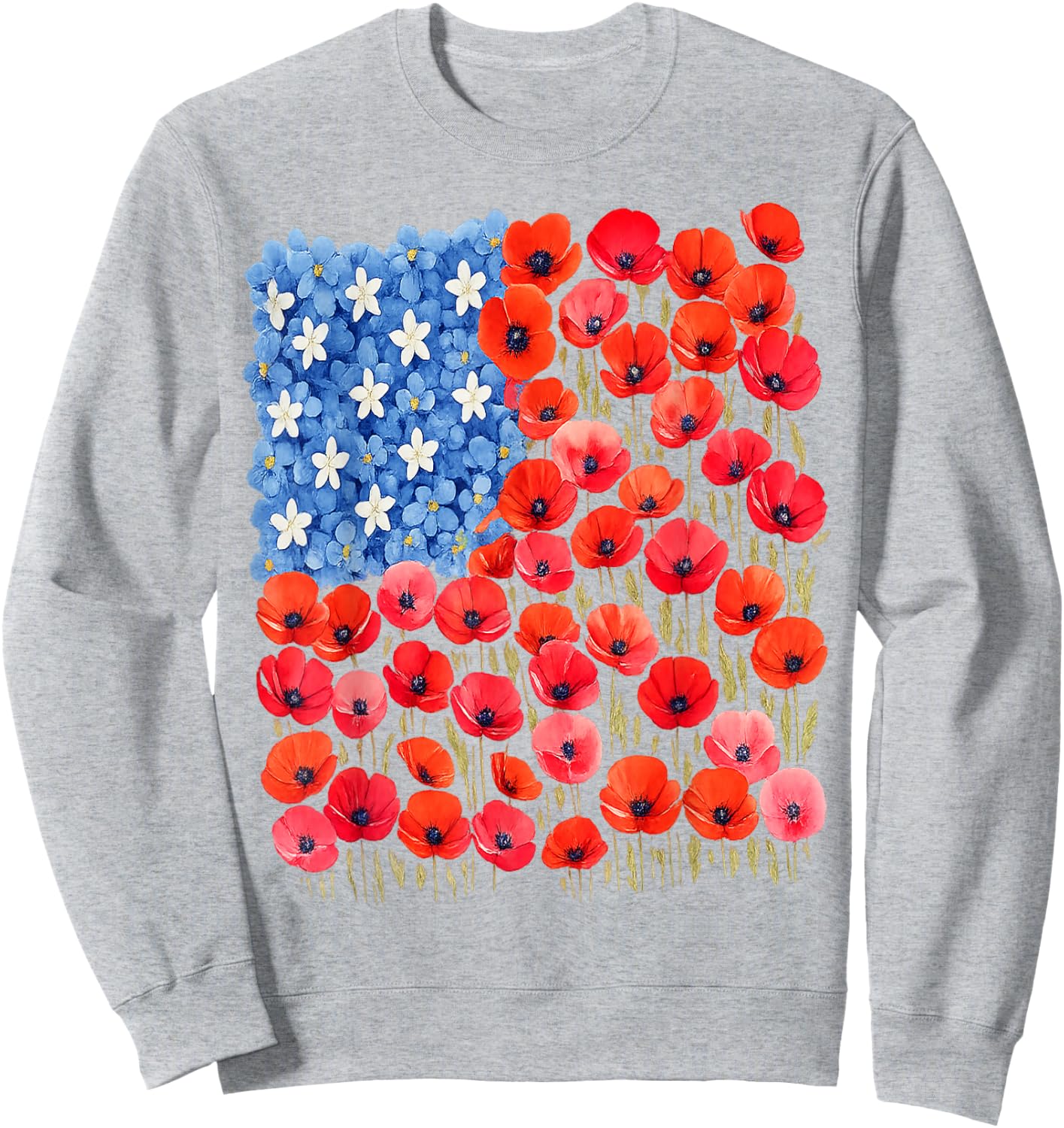 Patriotic Poppies & Hydrangeas Flowers in Floral US Flag Sweatshirt - Sweatshirt | Ash