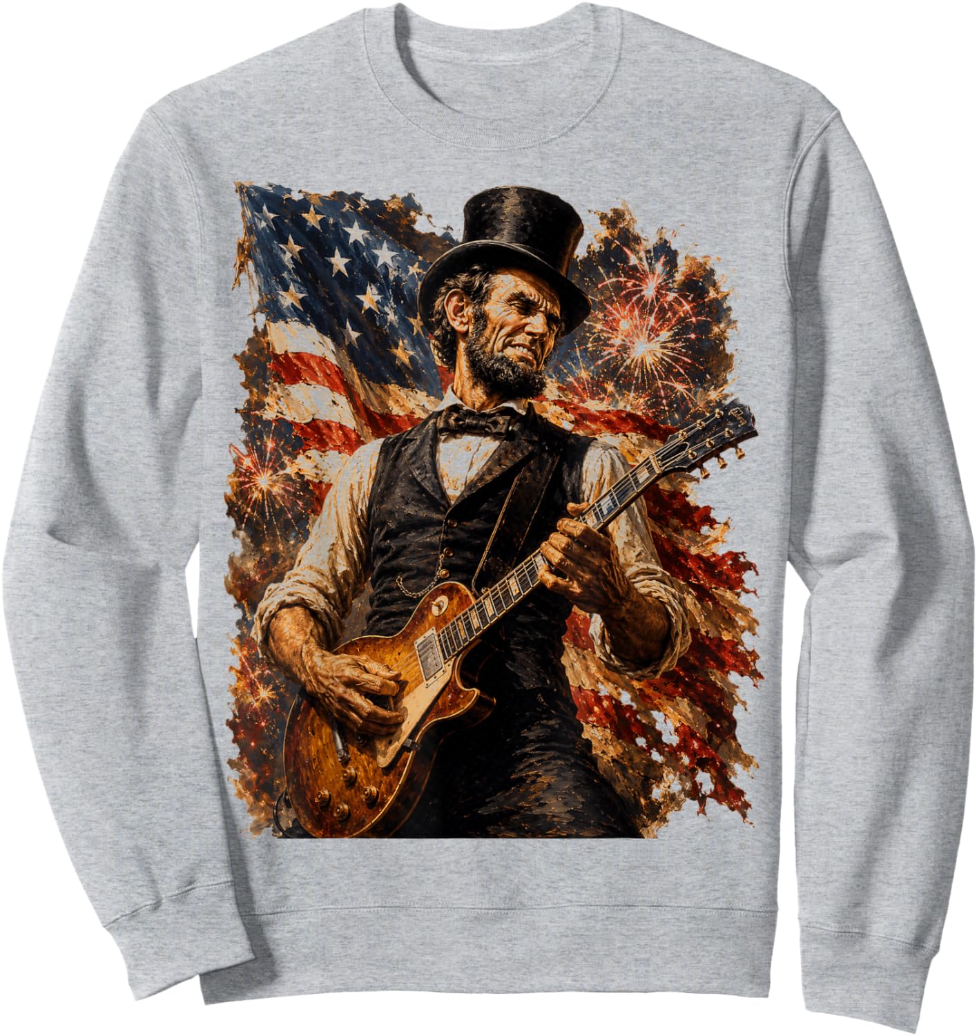 Abraham Lincoln Playing Guitar USA Flag 250 Anniversary Sweatshirt - Sweatshirt | Ash