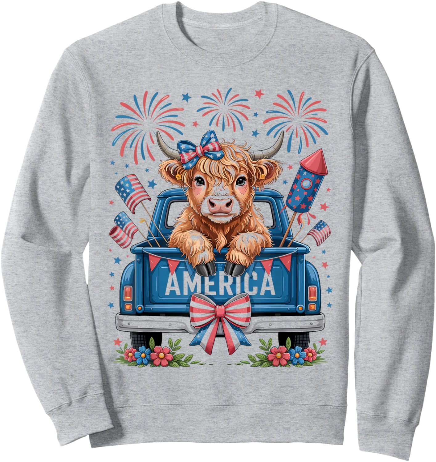 Coquette Highland Cow and Patriotic Truck 4th of July Sweatshirt - Sweatshirt | Ash