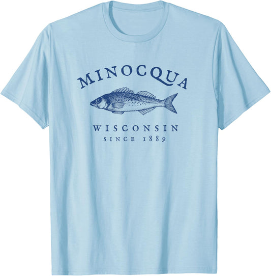 Retro Minocqua Wisconsin Fishing T-Shirt - T-Shirt | Light Blue