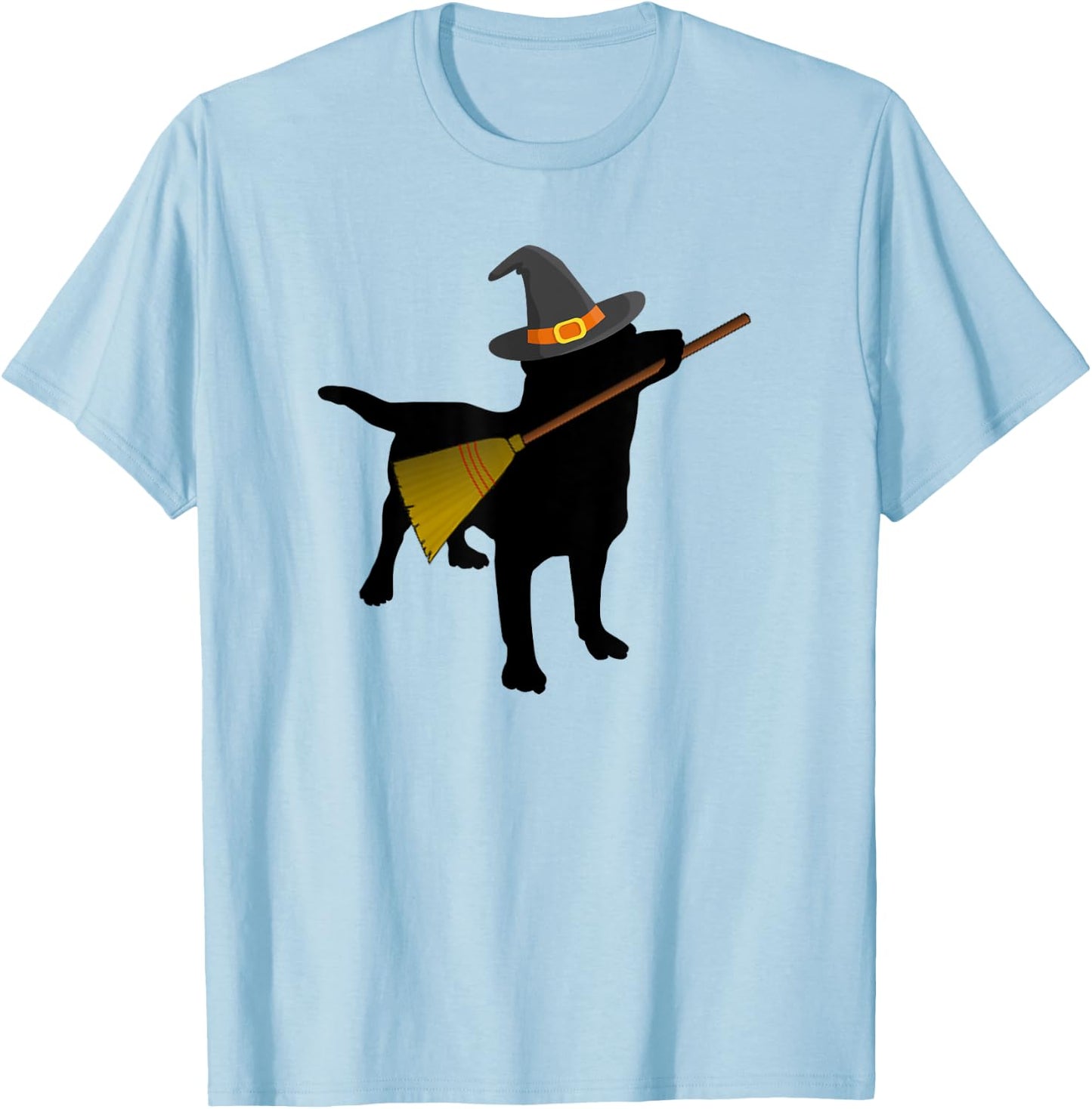 Funny Halloween Black Lab Dog Cute Witch Hat Broom T-Shirt - T-Shirt | Light Blue