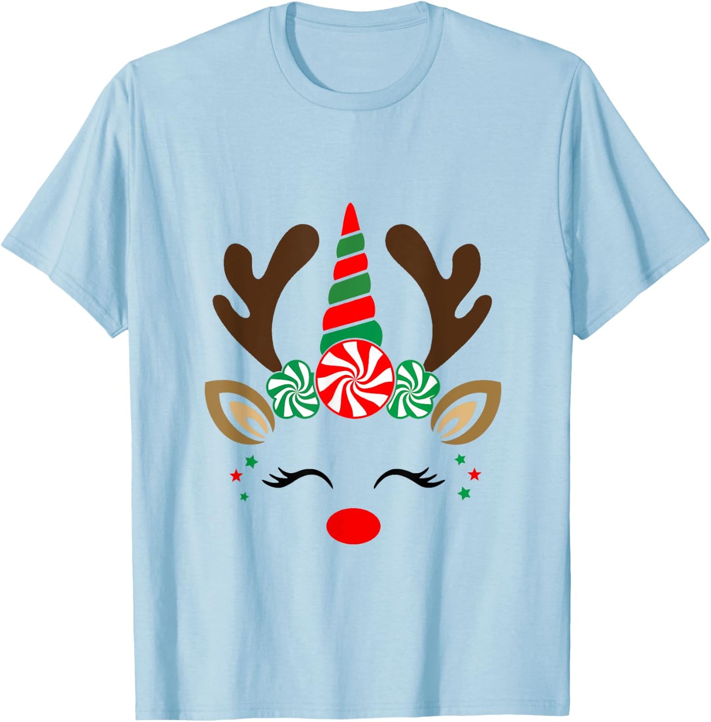 Christmas Reindeer Unicorn Face Cute Unicorn T-Shirt - T-Shirt | Light Blue