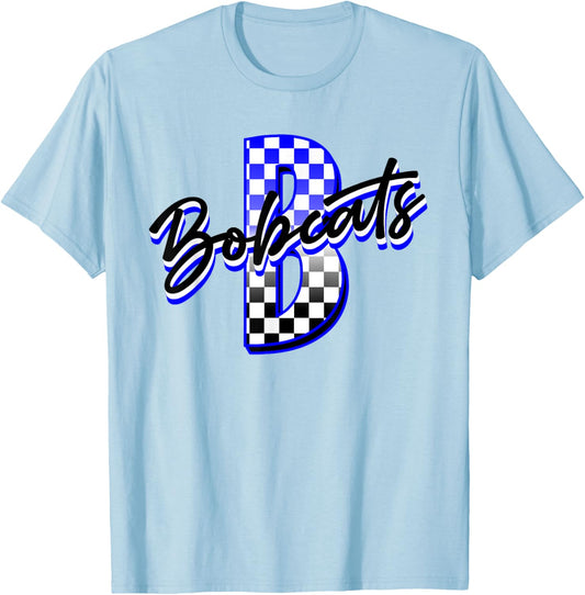 Bobcats Checkered Print Mascot School Spirit Blue Bobcat T-Shirt - T-Shirt | Light Blue