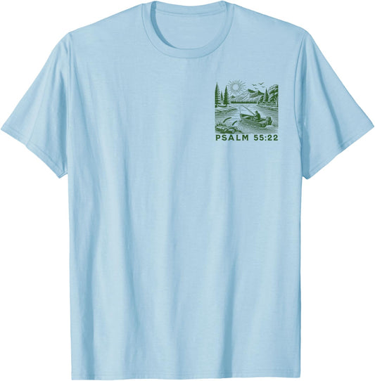 Front & Back | Cast Your Cares On The Lord - Psalm 55:22 T-Shirt - T-Shirt | Light Blue