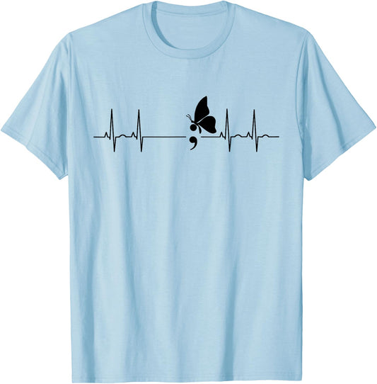 Semicolon Butterfly Heartbeat T-Shirt - T-Shirt | Light Blue