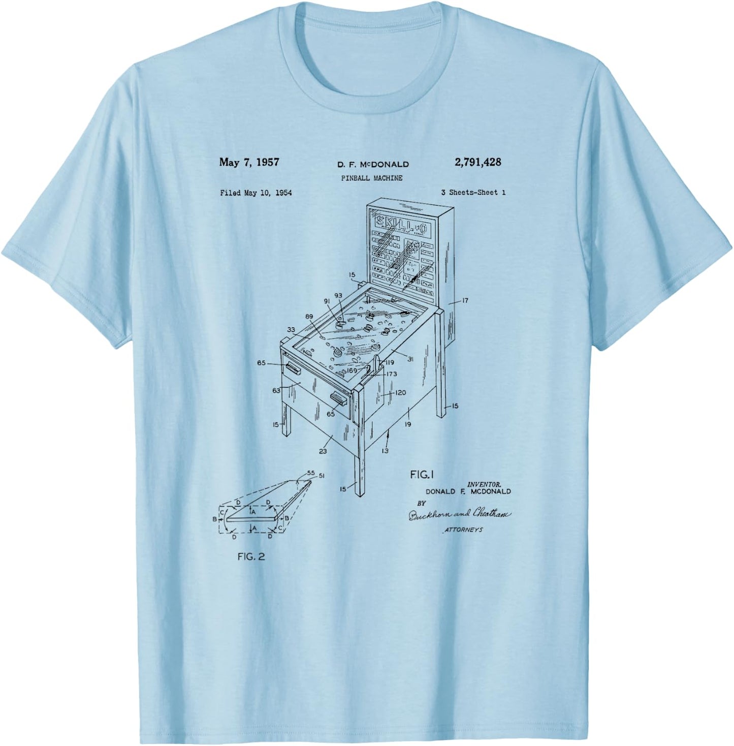 Vintage Patent Print 1957 Pinball Machine T-Shirt - T-Shirt | Light Blue