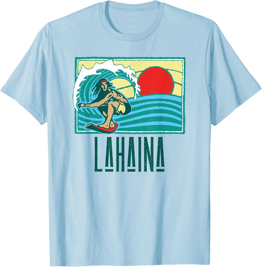 Lahaina Hawaii Vintage Surfer & Wave Retro Graphic T-Shirt - T-Shirt | Light Blue