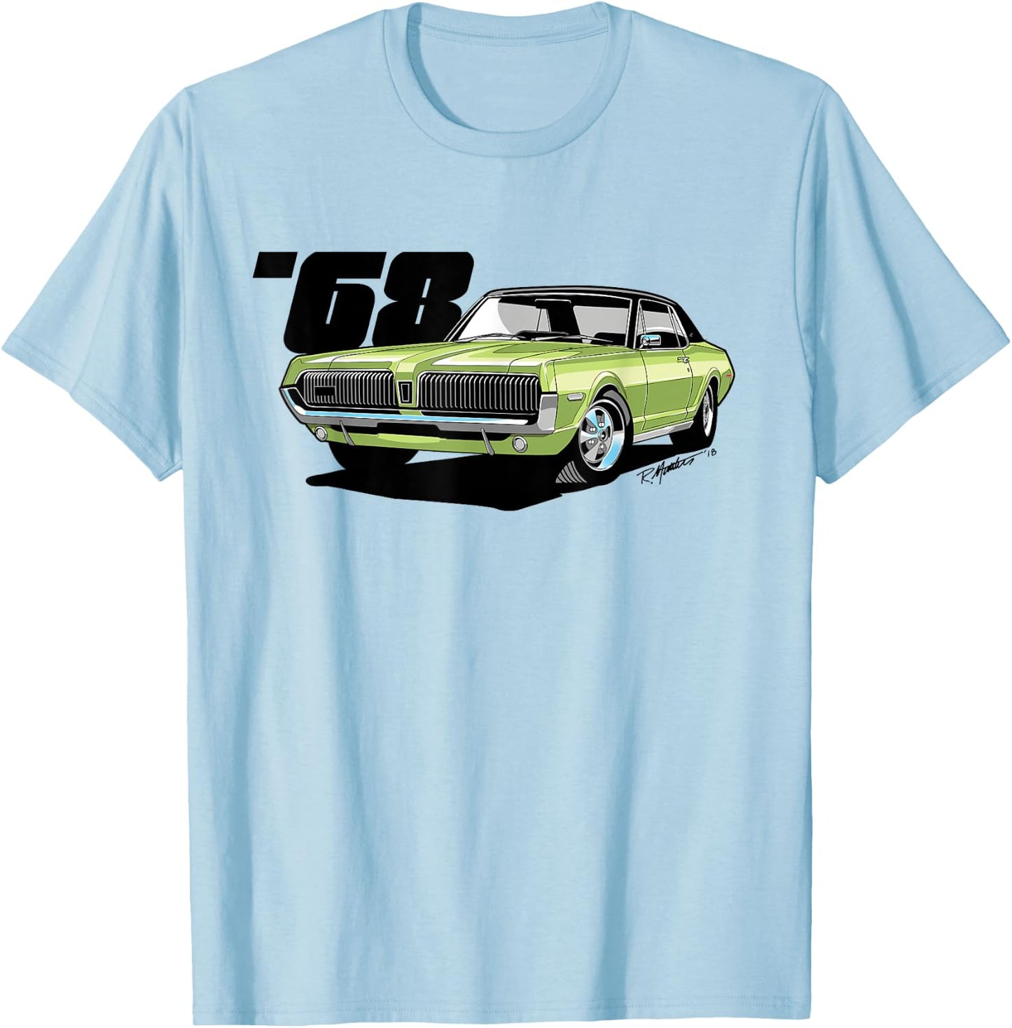 SpeedShift Art 1968 Mercury Cougar Graphic - Women's Adults Lime Frost Green Classic Fit Short Sleeve - Small T-Shirt - T-Shirt | Light Blue