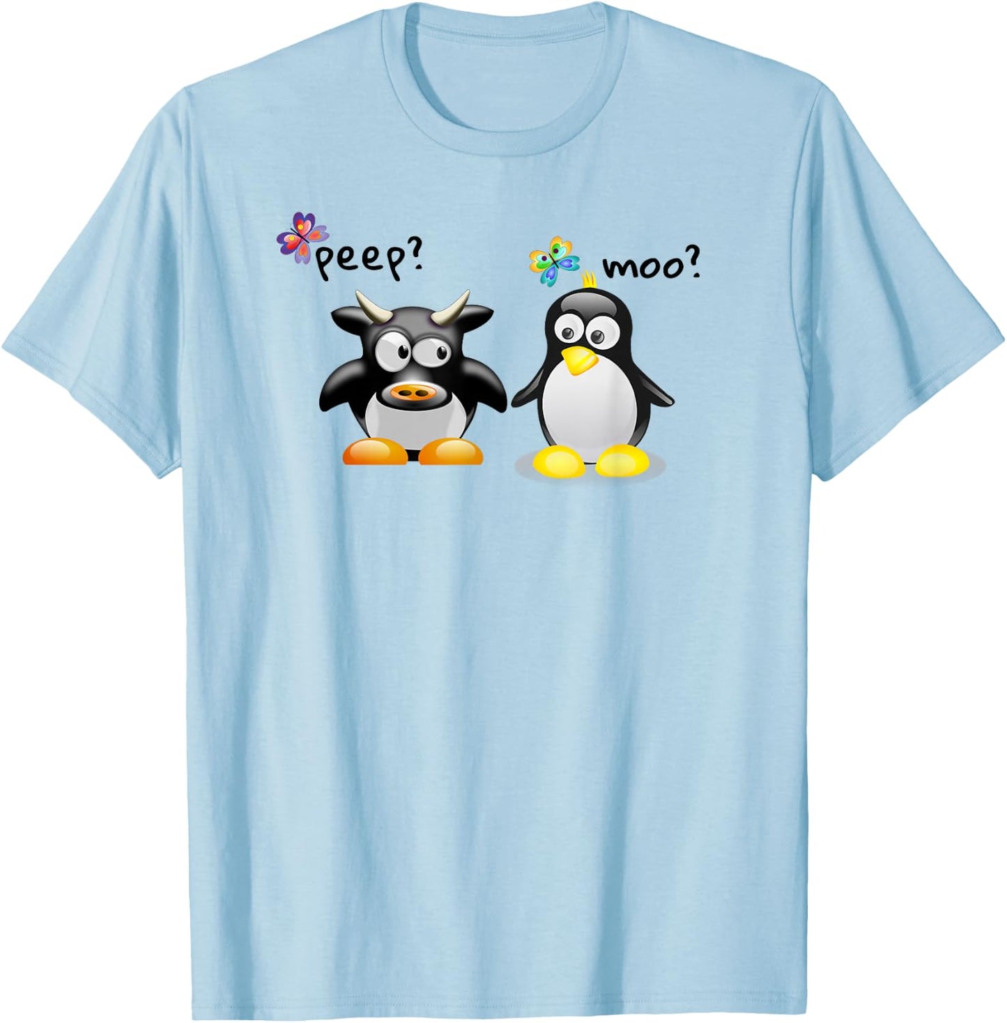 New Friends Learning a Language Moo Peep Penguin and Cow T-Shirt - T-Shirt | Light Blue