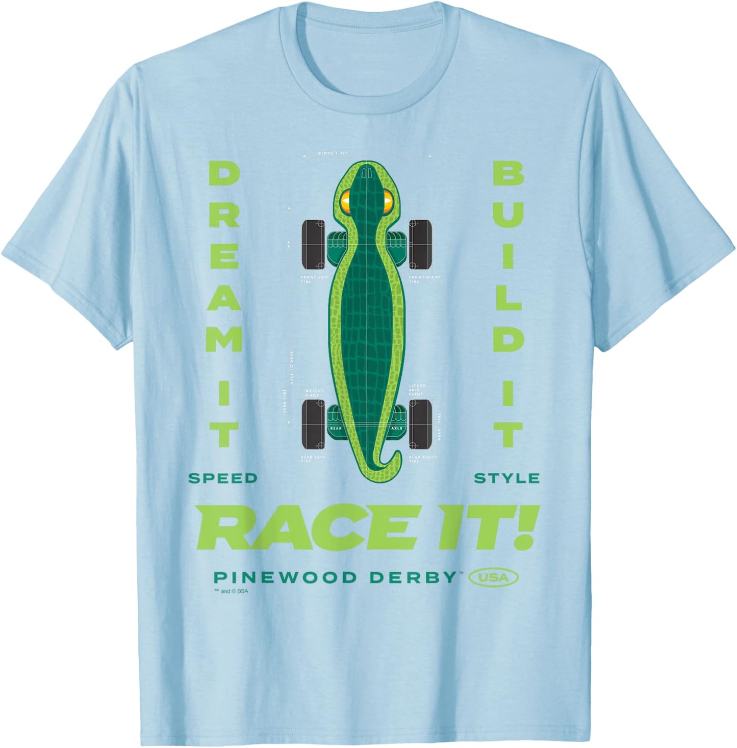Scouting America Boys Pinewood Derby Lizard , Green, Small T-Shirt - T-Shirt | Light Blue