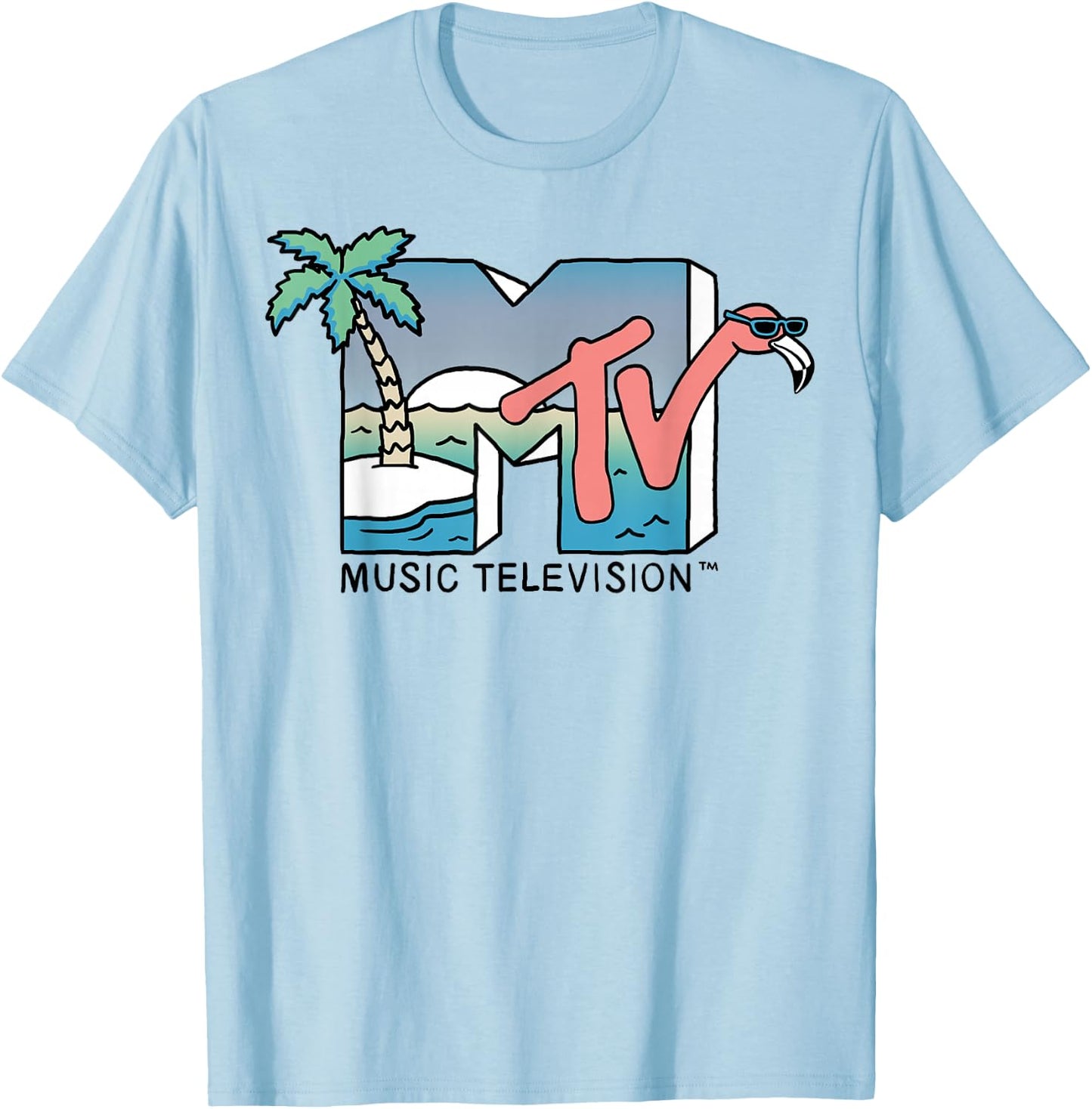 MTV Beachy Flamingo Scene Retro Logo Graphic T-Shirt - T-Shirt | Light Blue