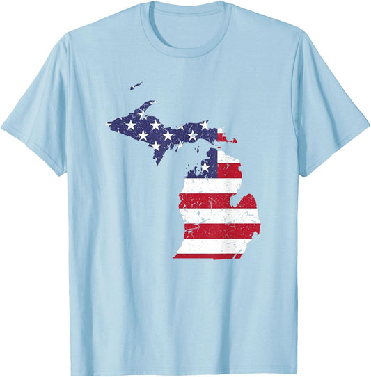 Michigan Map State American Flag Shirt 4th Of July Pride Kids Men T-Shirt - T-Shirt | Light Blue