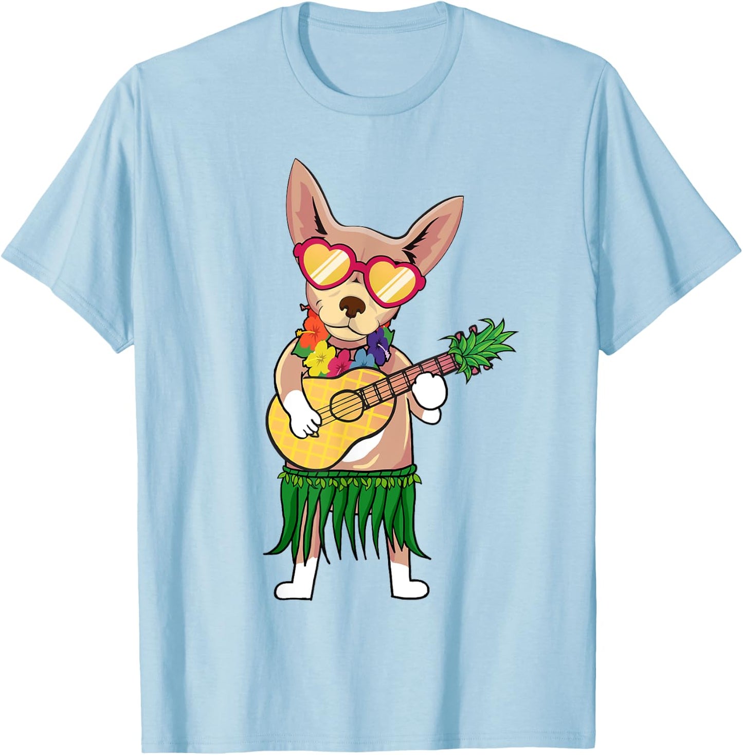 Chihuahua Hawaiian Costume Playing Ukulele Summer Shirt Women Kids T-Shirt - T-Shirt | Light Blue