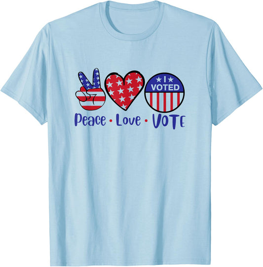 Peace Love Vote - Patriotic Voting Design T-Shirt - T-Shirt | Light Blue