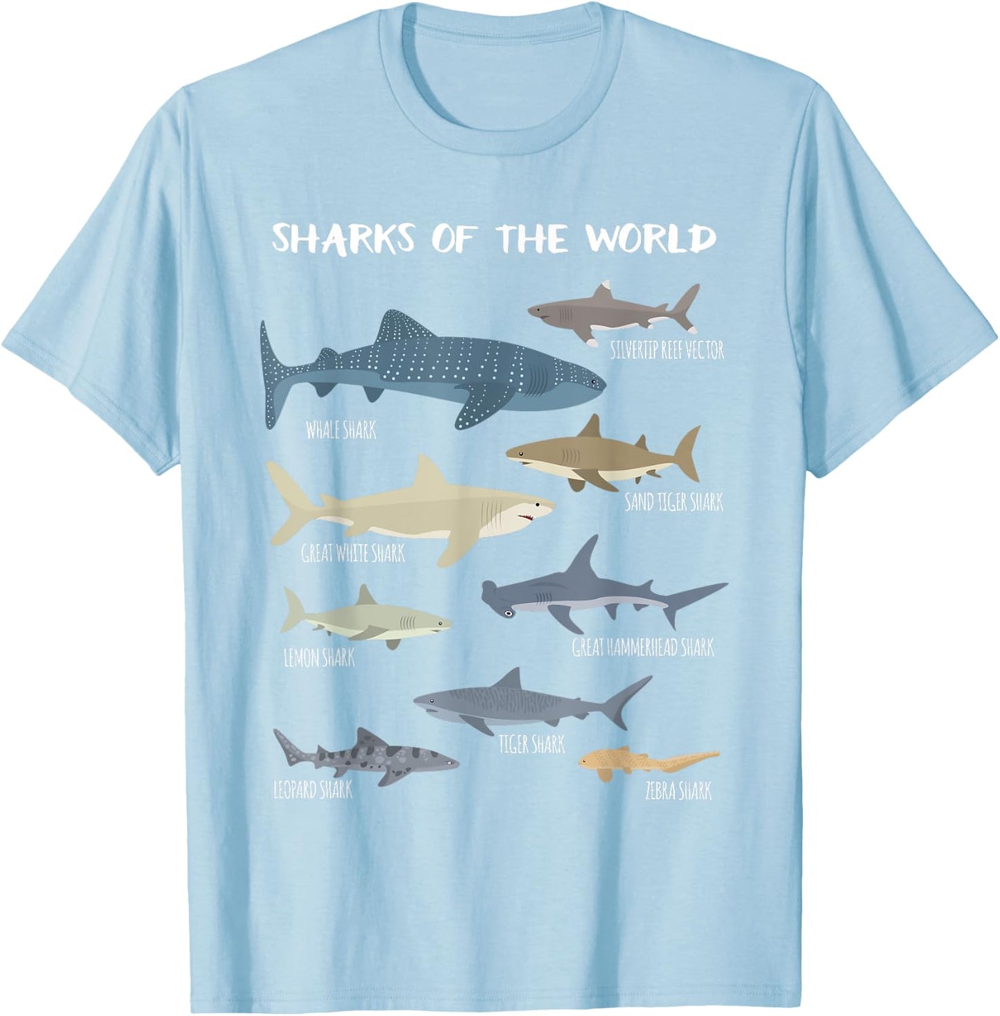 Sharks Of The World Educational Funny T-Shirt - T-Shirt | Light Blue
