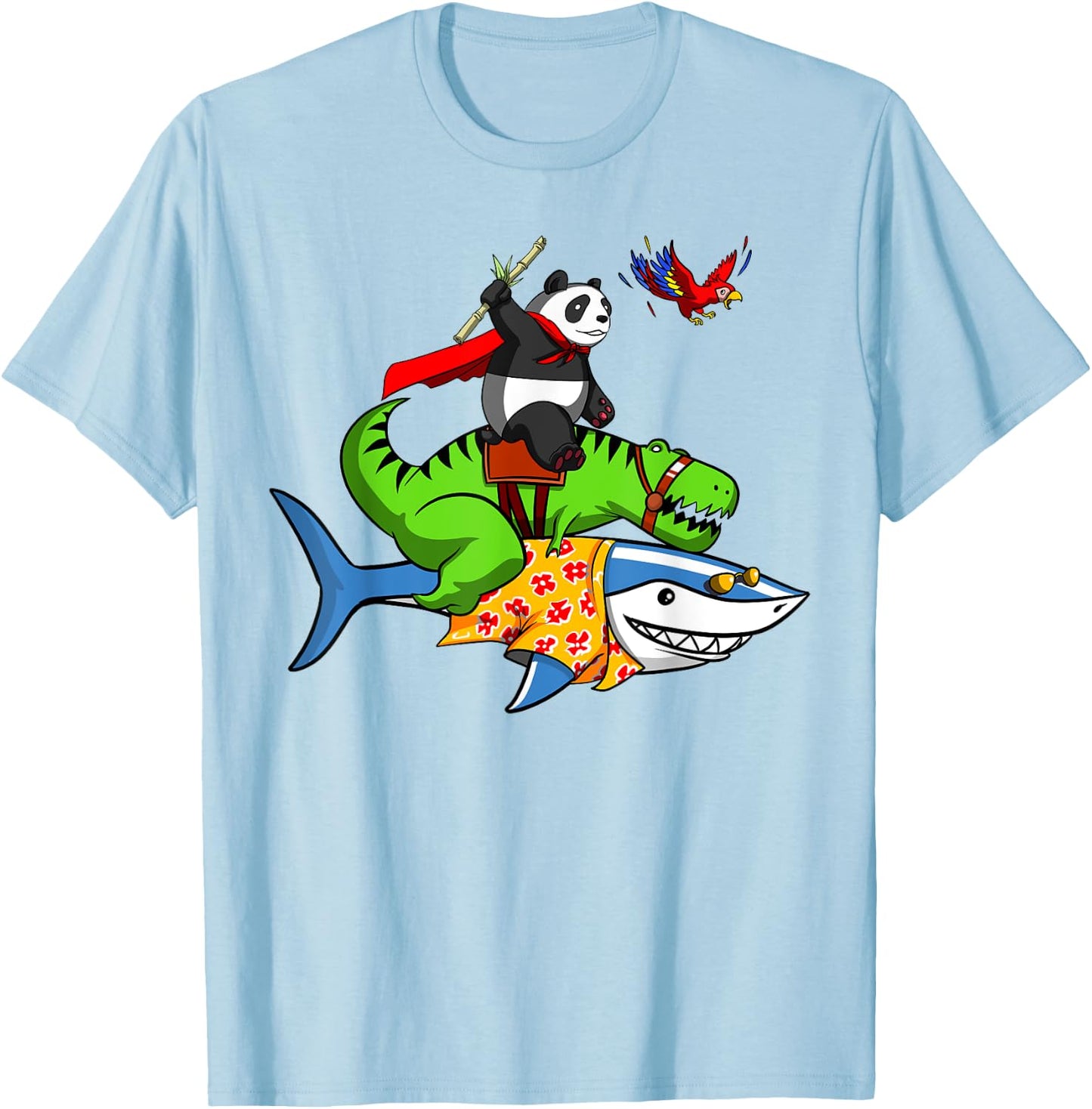 Panda Bear And T-Rex Dinosaur Riding Shark Funny Animals T-Shirt - T-Shirt | Light Blue