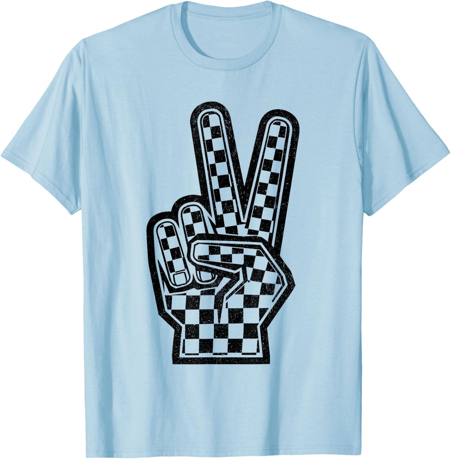 Checkered Peace Sign Shirt Vintage Racing Flag Kids Boy Girl T-Shirt - T-Shirt | Light Blue