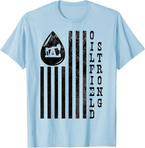 Oilfield Strong American Flag Pump Jack Distressed T-Shirt - T-Shirt | Light Blue