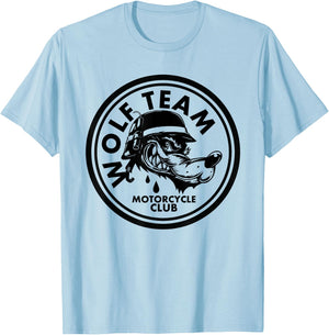 Motorcycle Club with Wolf Design Artwork T-Shirt - T-Shirt | Light Blue