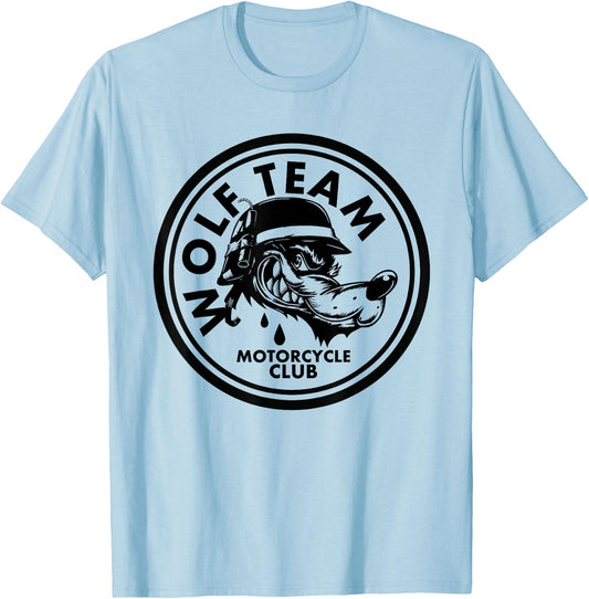 Motorcycle Club with Wolf Design Artwork T-Shirt - T-Shirt | Light Blue