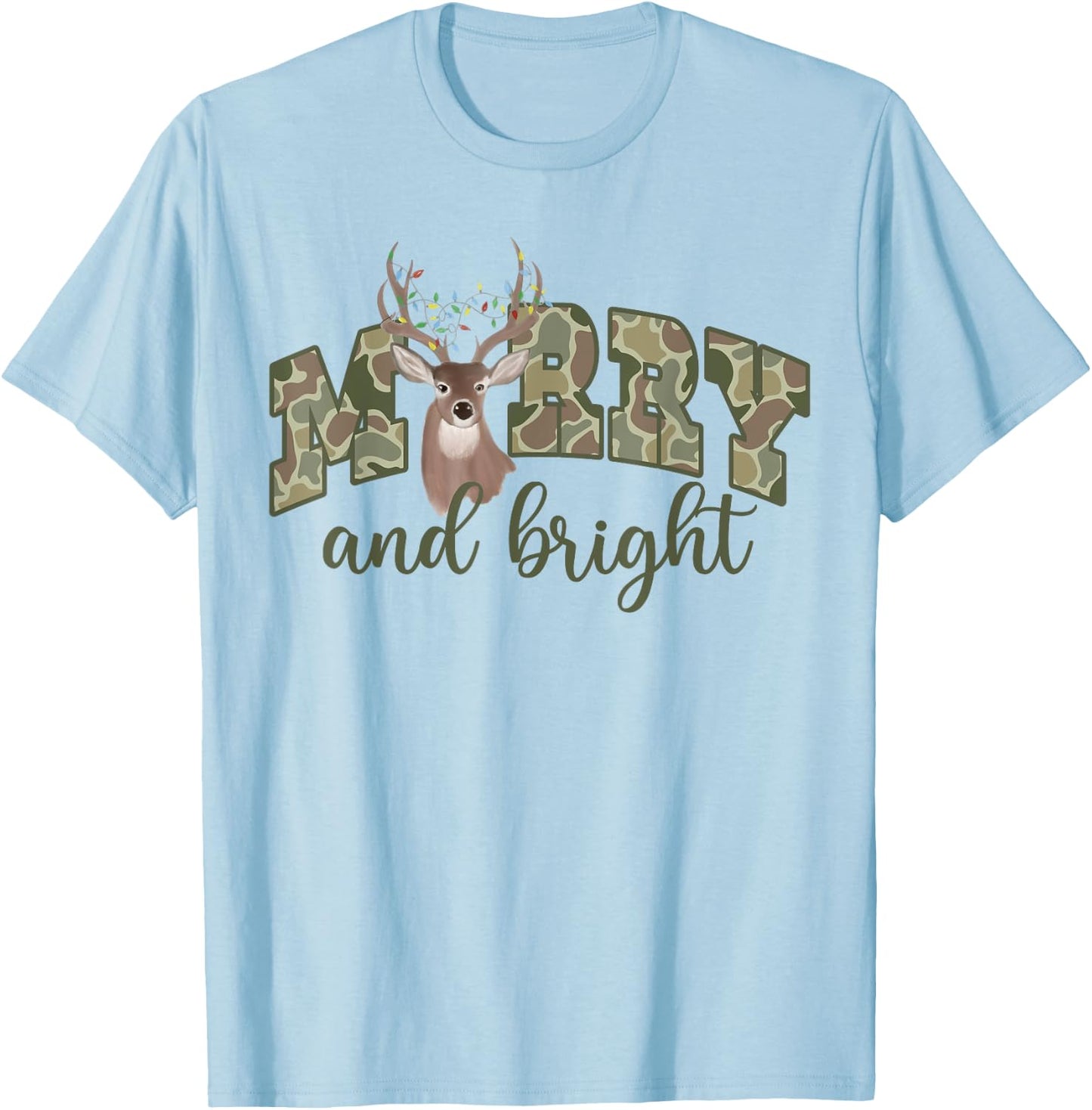 Merry And Christmas Bright Camouflage Reindeer Xmas Pajamas T-Shirt - T-Shirt | Light Blue