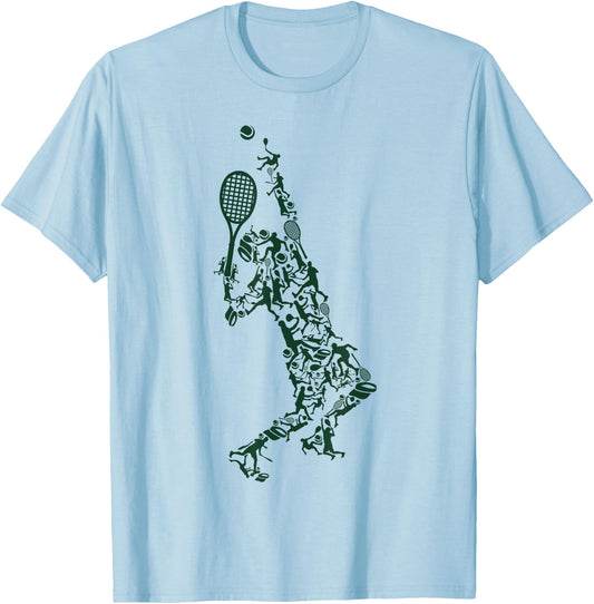 Tennis T Shirt - Player Positions Balls Racket in drawing T-Shirt - T-Shirt | Light Blue