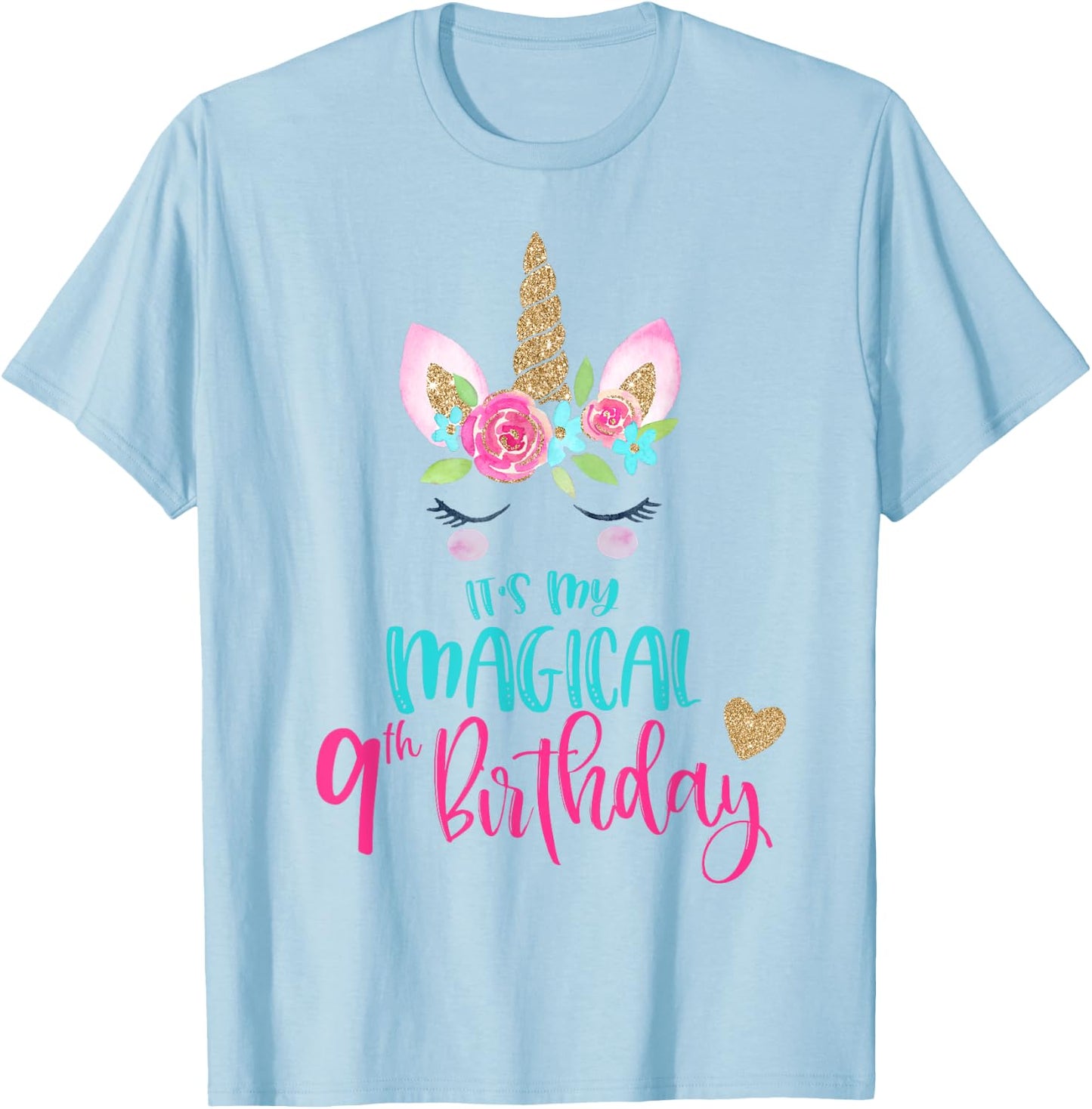 Unicorn 9th Birthday Party Shirt Girl 9 Years Old T-Shirt - T-Shirt | Light Blue