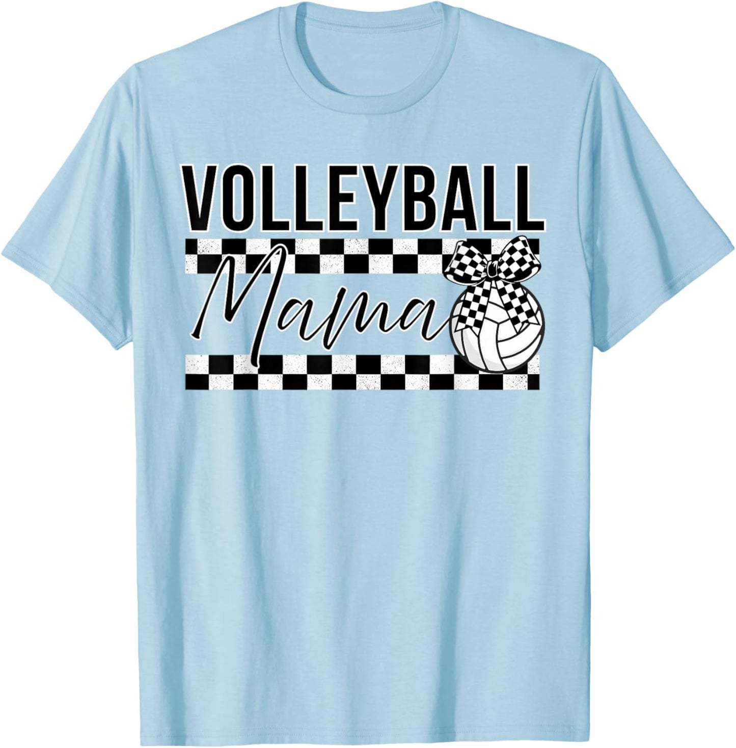 Black and White Checkered Bow Ribbon Pattern Volleyball Mama T-Shirt - T-Shirt | Light Blue