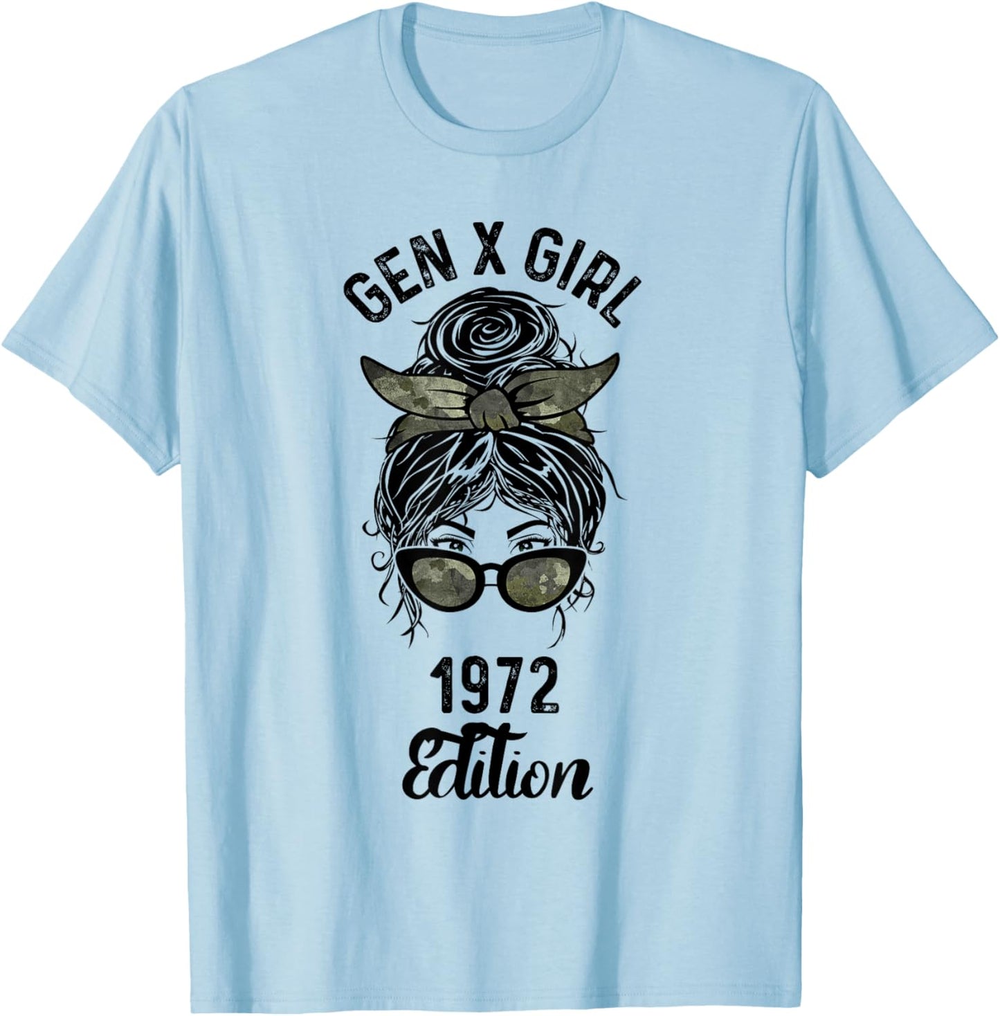 Gen X Girl 1972 Edition Camo Messy Bun Birthday T-Shirt - T-Shirt | Light Blue
