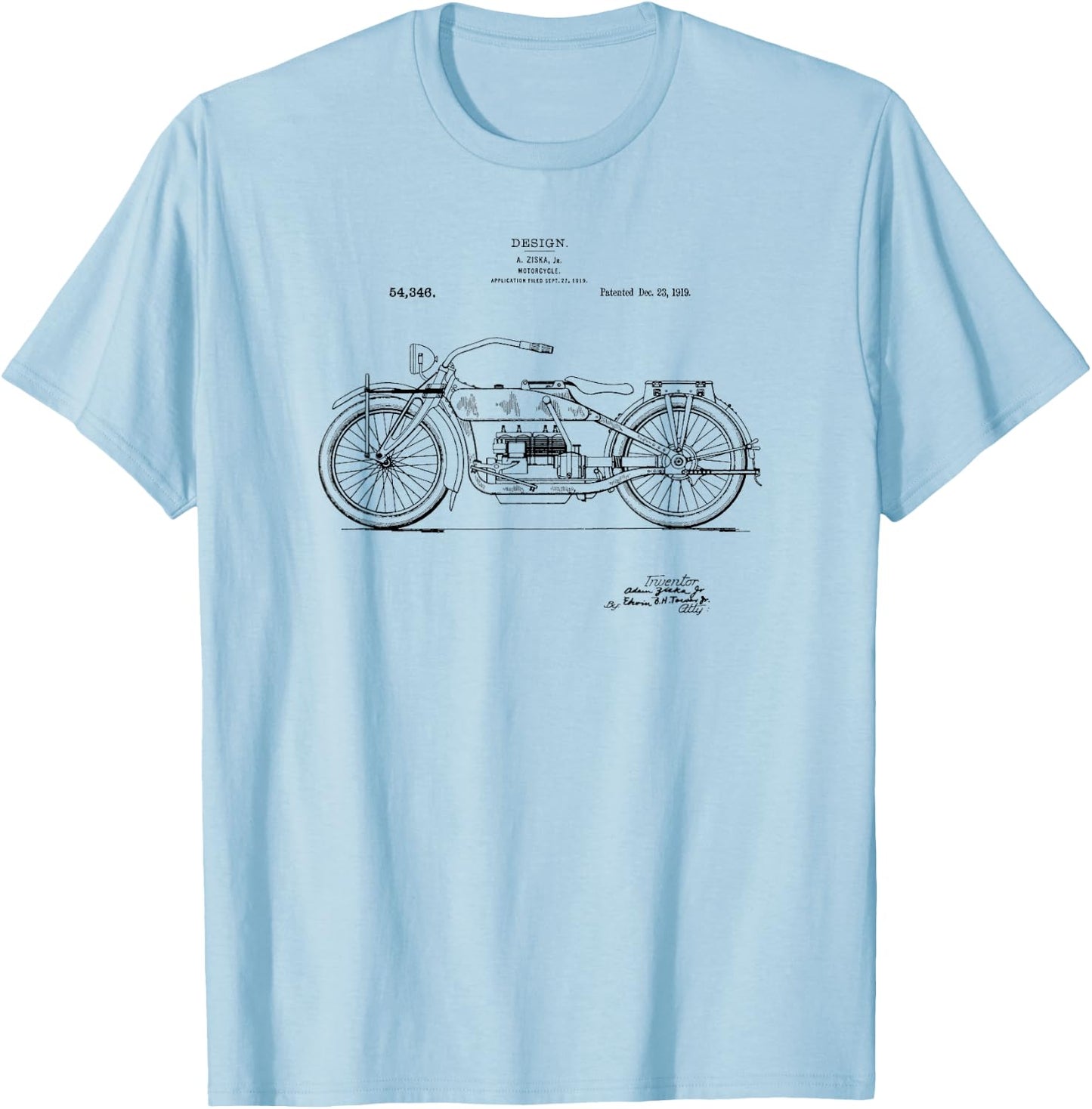 Classic Vintage Patent Print 1919 Motorcycle T-Shirt - T-Shirt | Light Blue