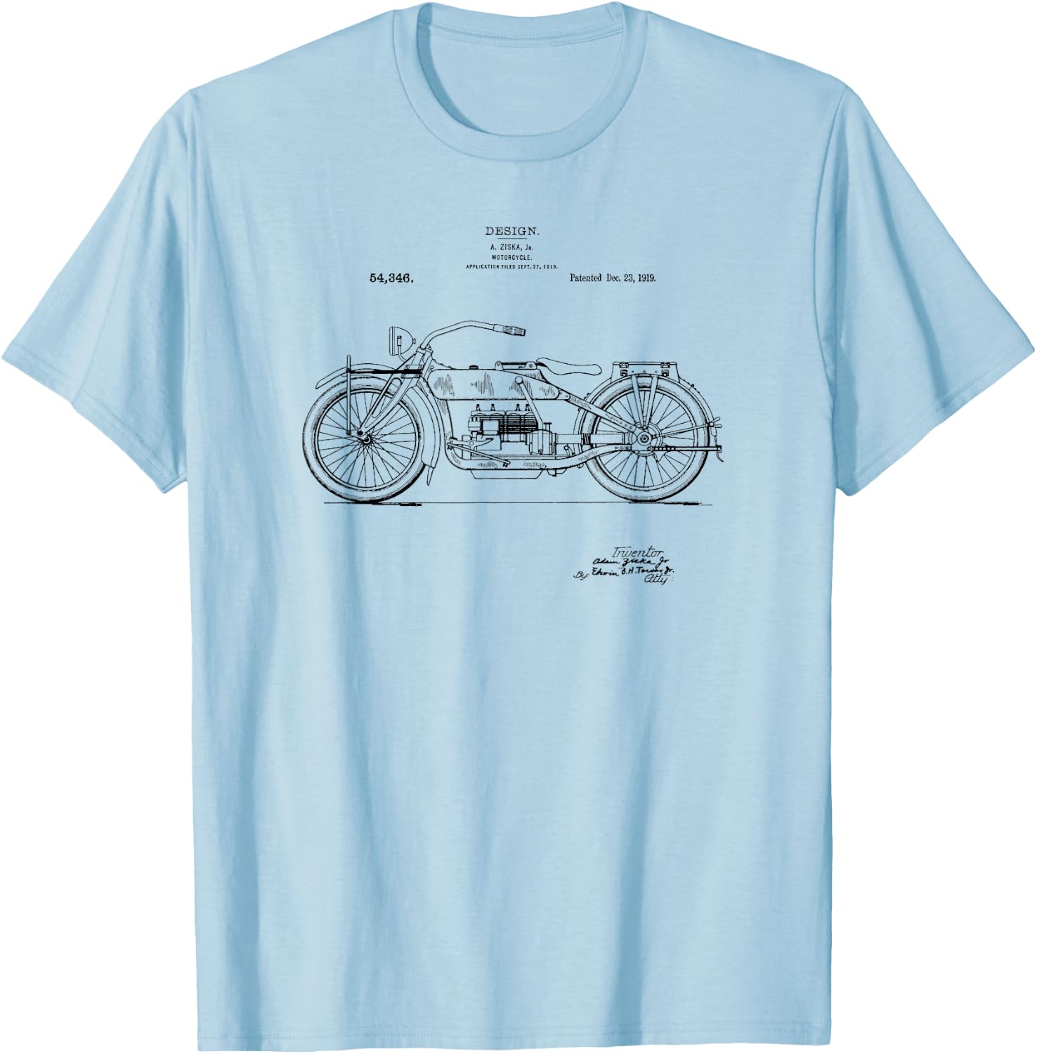 Classic Vintage Patent Print 1919 Motorcycle T-Shirt - T-Shirt | Light Blue