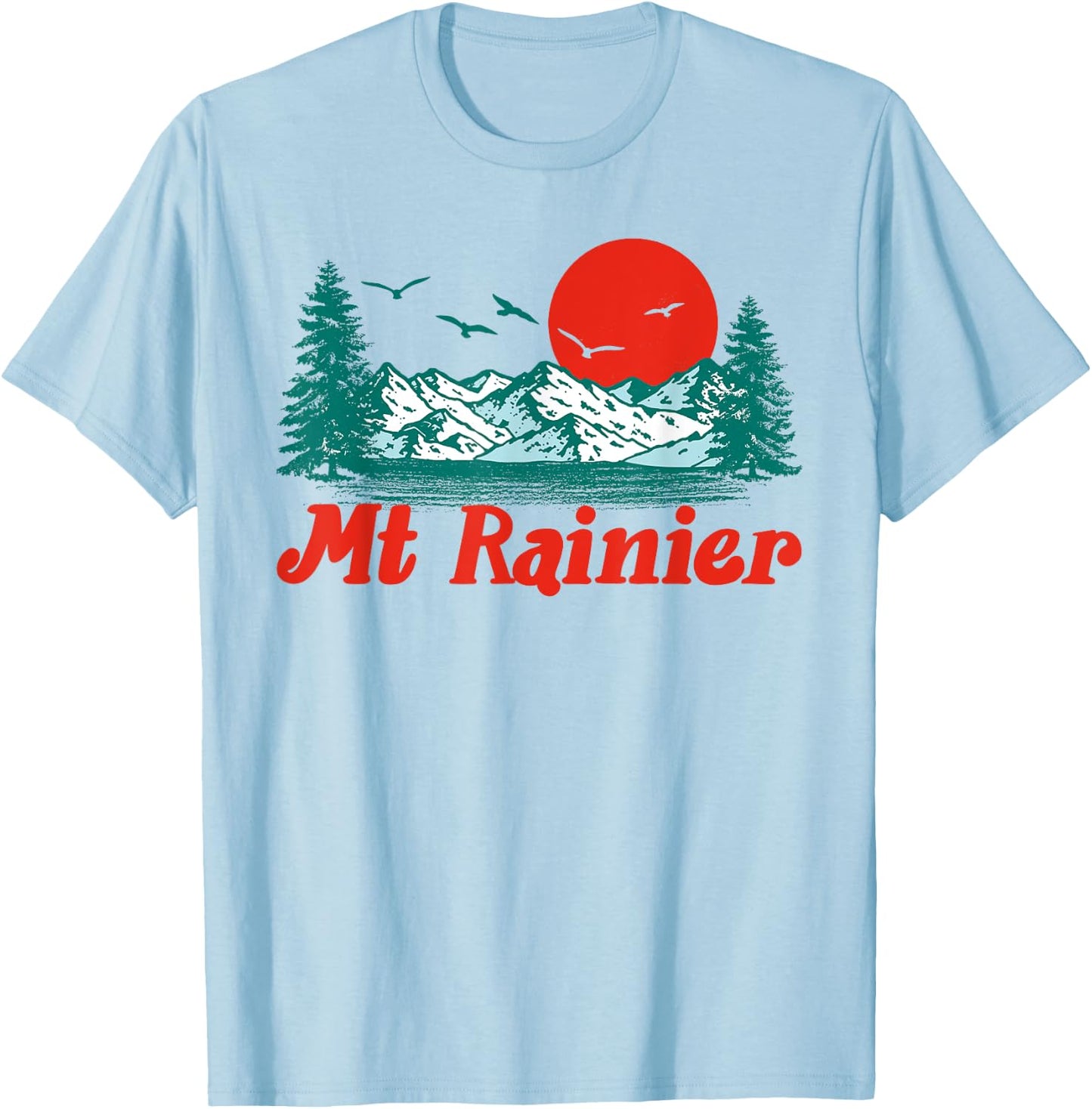 Retro Mt Rainier Mountain Trees & Sun Scene Graphic T-Shirt - T-Shirt | Light Blue