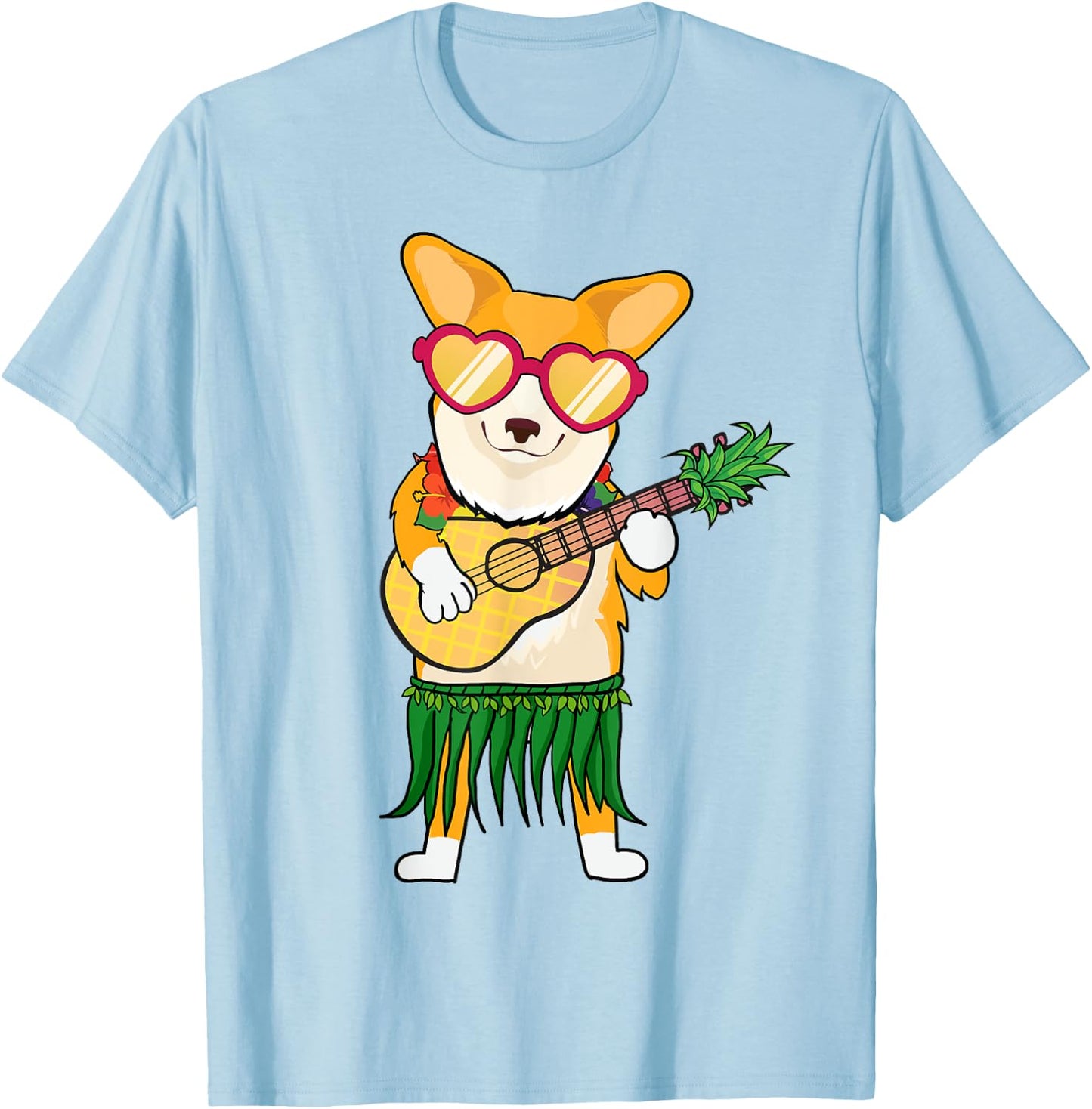 Corgi Hawaiian Costume Playing Ukulele Summer Shirt Gifts Men Women Kids T-Shirt - T-Shirt | Light Blue