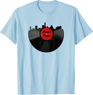 Austin Texas Skyline Shirt TX Hipster Vinyl Record Shirt T-Shirt - T-Shirt | Light Blue