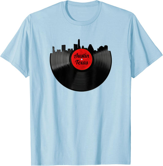 Austin Texas Skyline Shirt TX Hipster Vinyl Record Shirt T-Shirt - T-Shirt | Light Blue