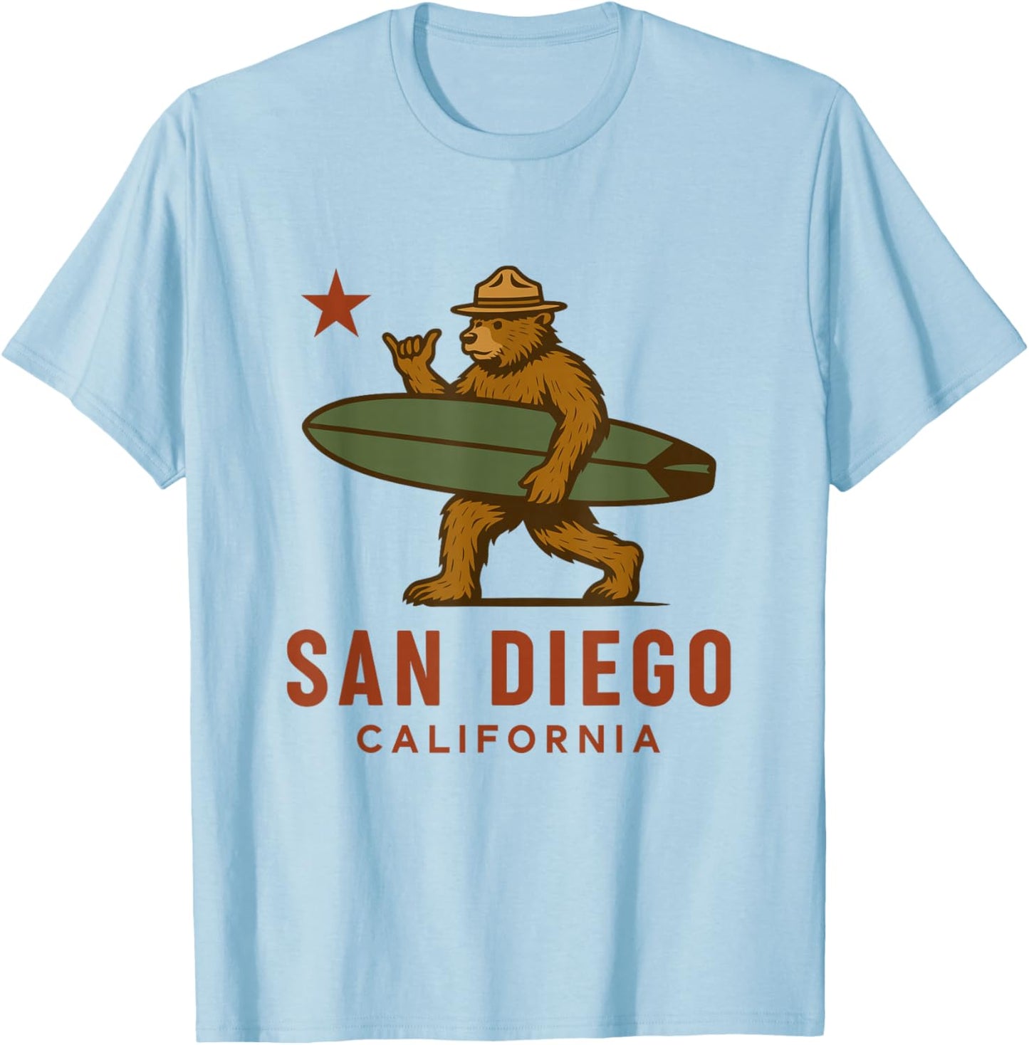 San Diego California Bear Surf Board Shaka Cali Vibes T-Shirt - T-Shirt | Light Blue